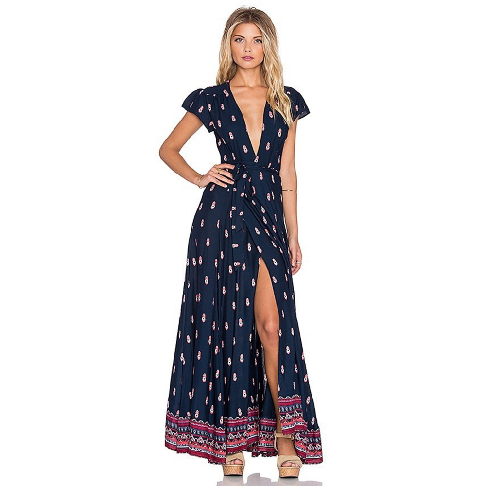 Tularosa Navy Blue sid wrap maxi dress Revolve Belt Tie Pink Deep V‎ NECK Size S